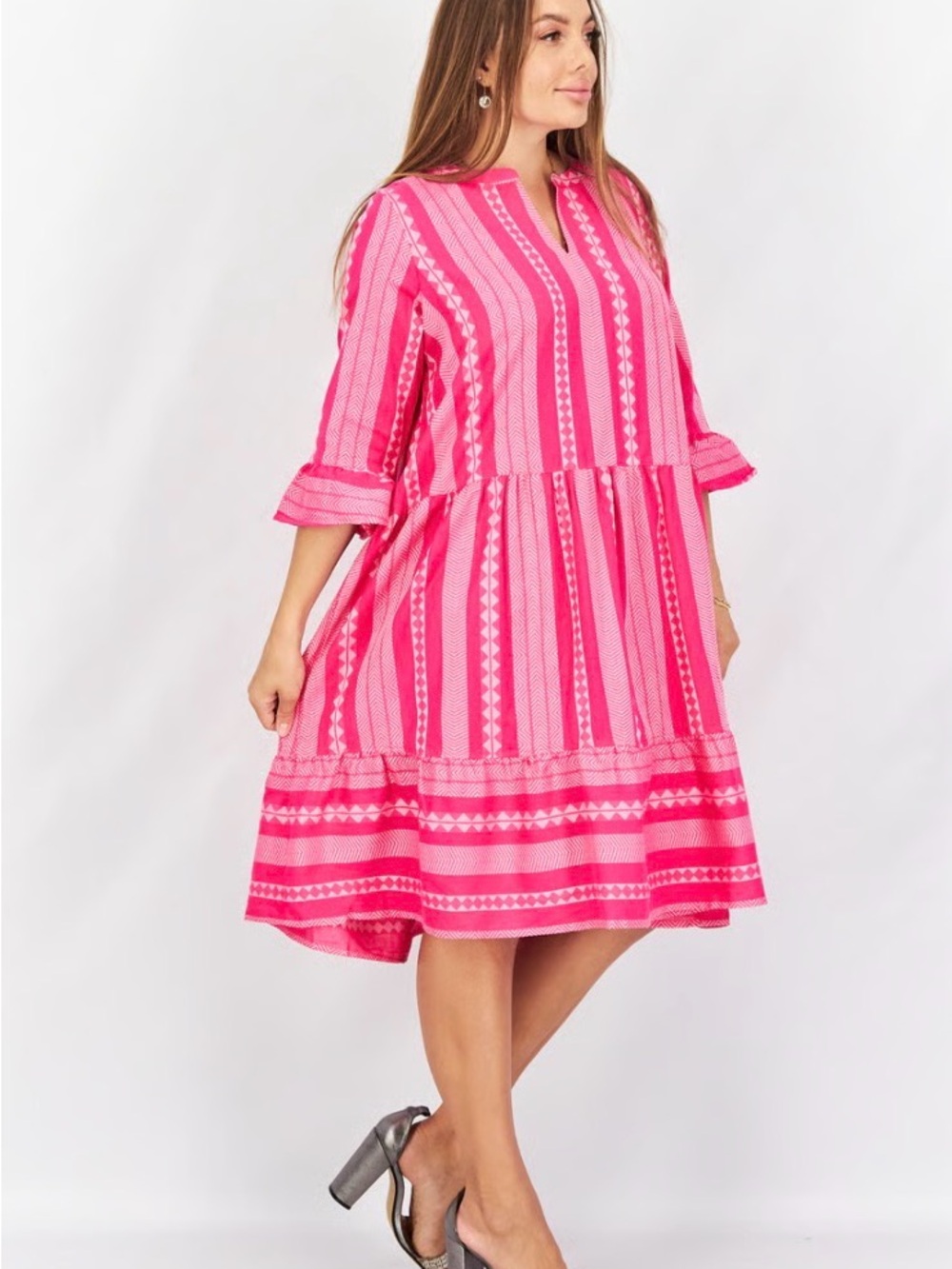 Tchibo Pink Boho Tiered Midi Dress M/L Ikat Stripe Bell Sleeve Cover Up